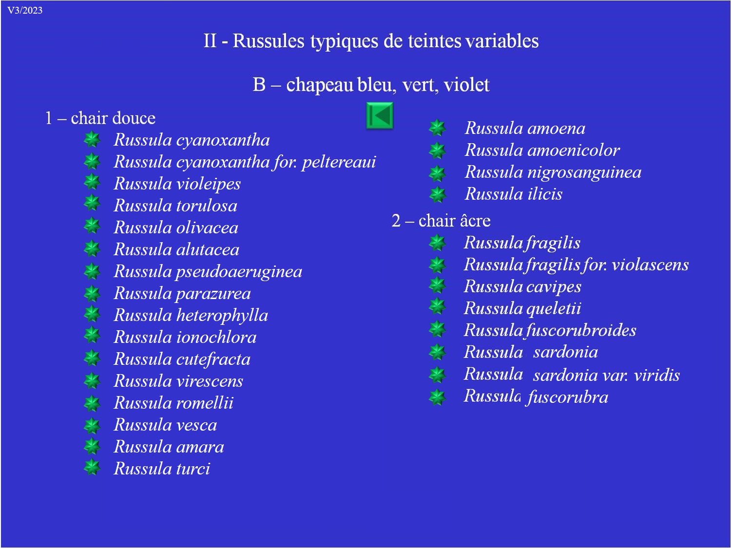 Liste II-B: Russules de couleurs variables - chapeau bleu/vert/violet.